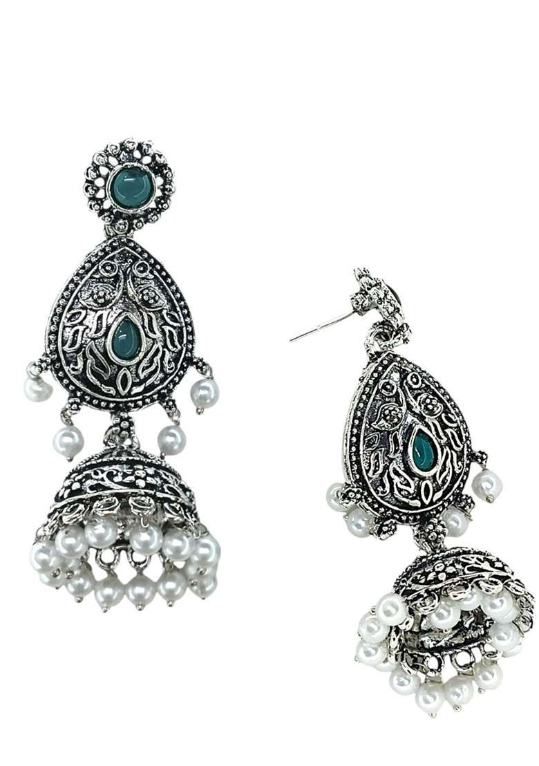 Silver Oxidized Drop Jhumka Earrings - Indya