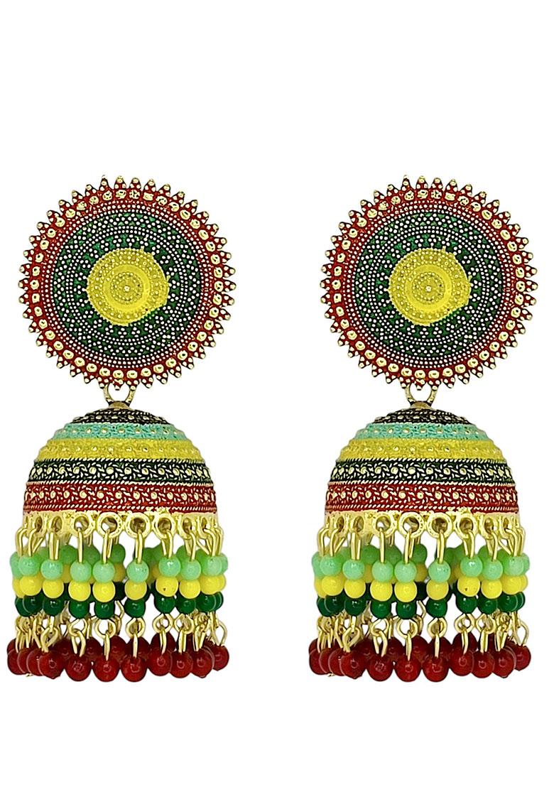 Gold Plated Meenakari Bead Jhumka Earrings - Indya