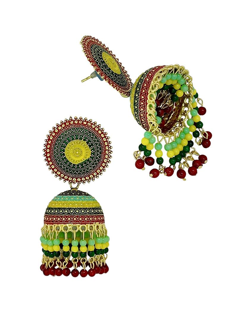Gold Plated Meenakari Bead Jhumka Earrings - Indya