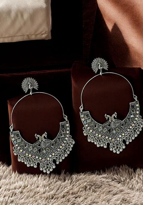 Silver Oxidized Peacock Mirror Drop Earrings