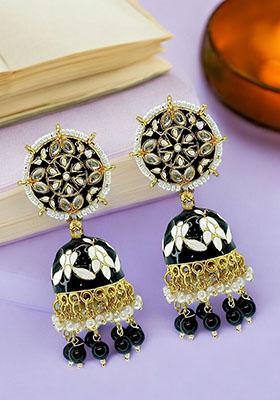 Gold Plated Floral Meenakari Kundan Bead Jhumka Earrings