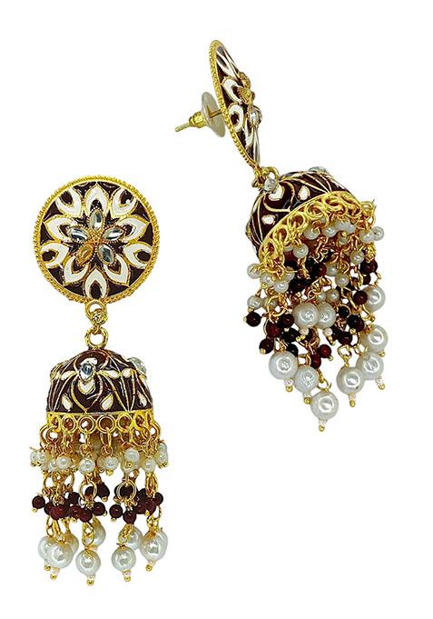 Gold Plated Floral Bead Jhumka Earrings