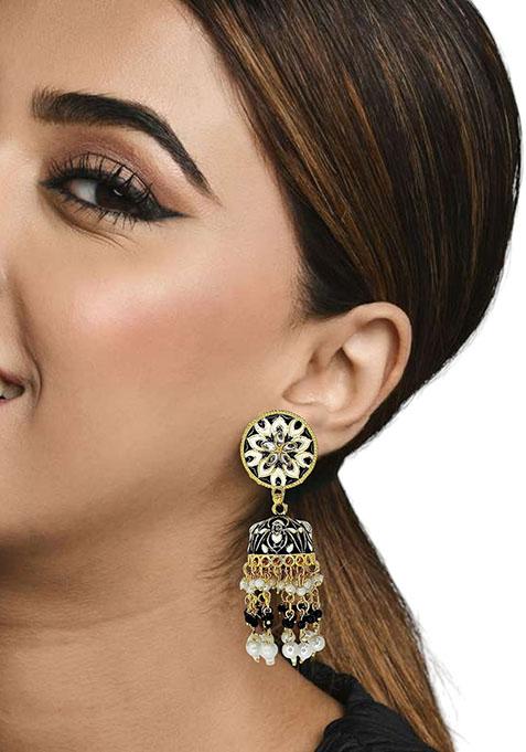 Gold Plated Floral Bead Jhumka Earrings