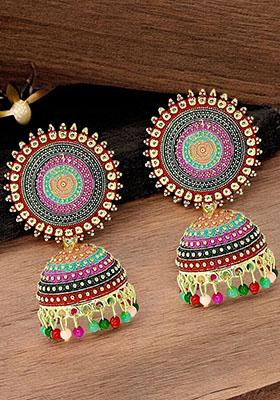 Gold Plated Meenakari Bead Jhumka Earrings