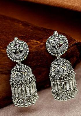 Silver Oxidized Cz Stone Jhumka Drop Earrings
