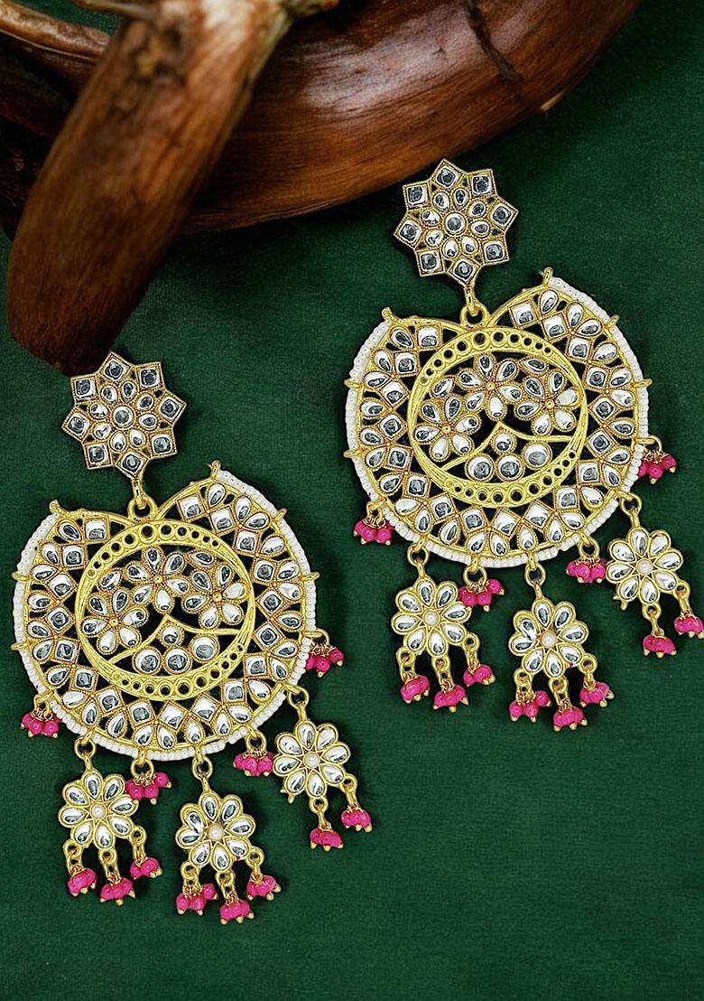 Gold Plated Kundan Chandbali Drop Earrings - Indya