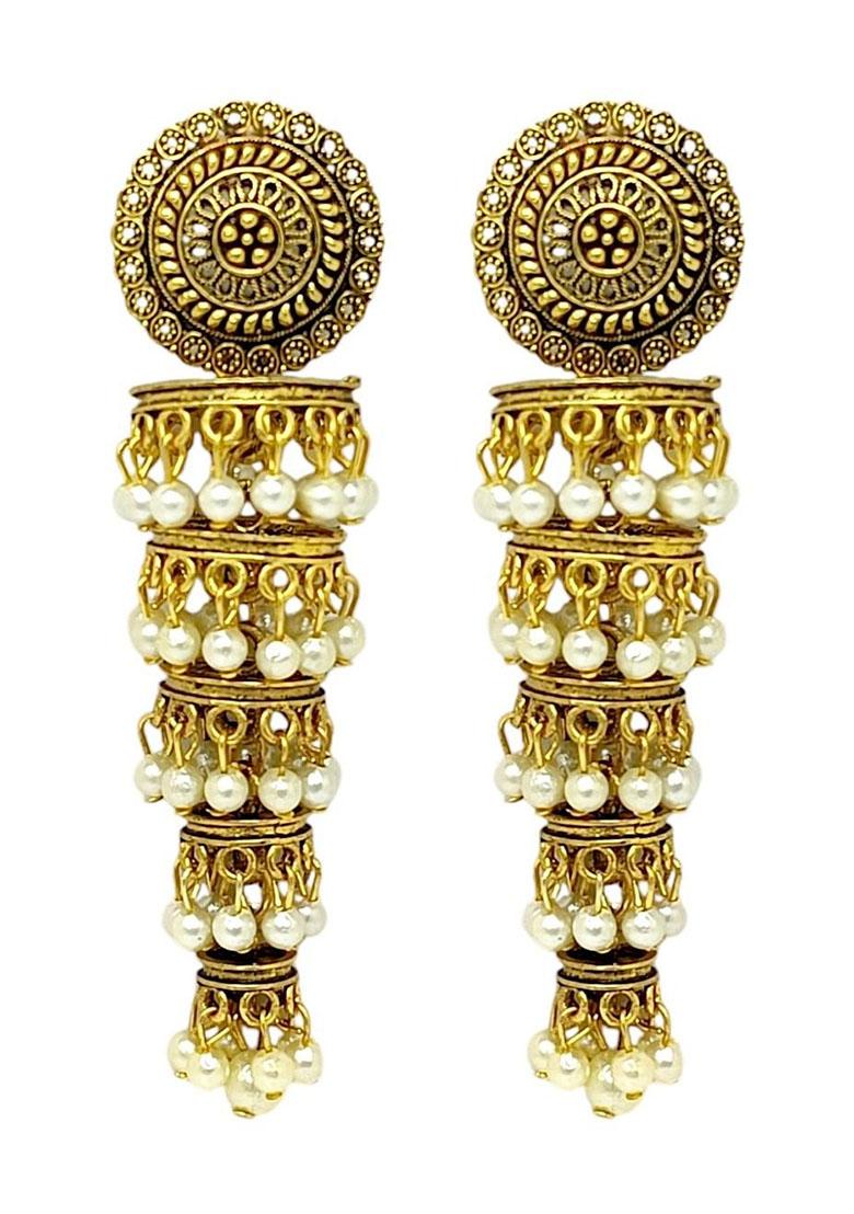 Gold Plated Tiered Bead Jhumka Earrings - Indya