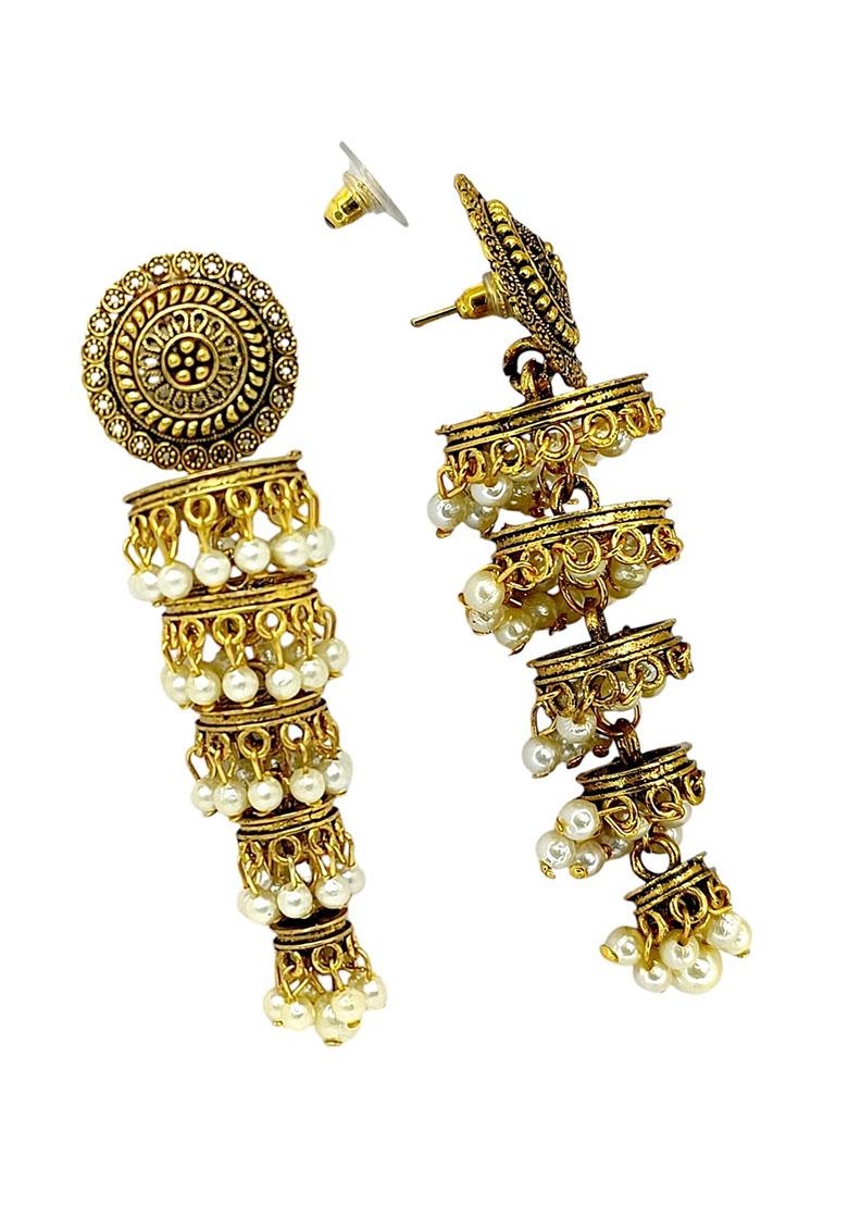 Gold Plated Tiered Bead Jhumka Earrings - Indya