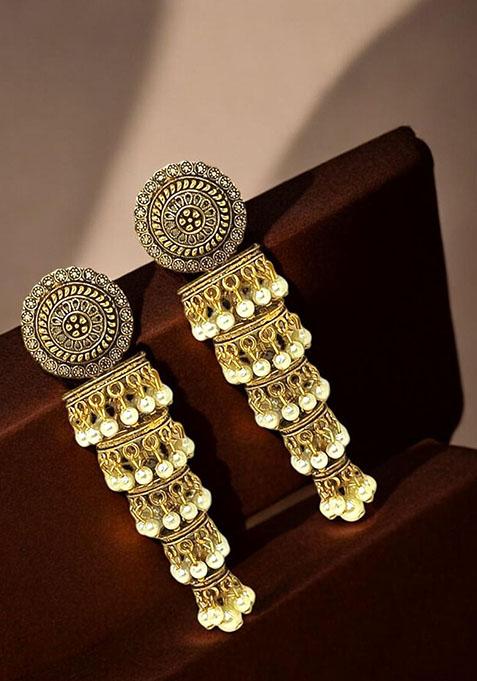 Gold Plated Tiered Bead Jhumka Earrings