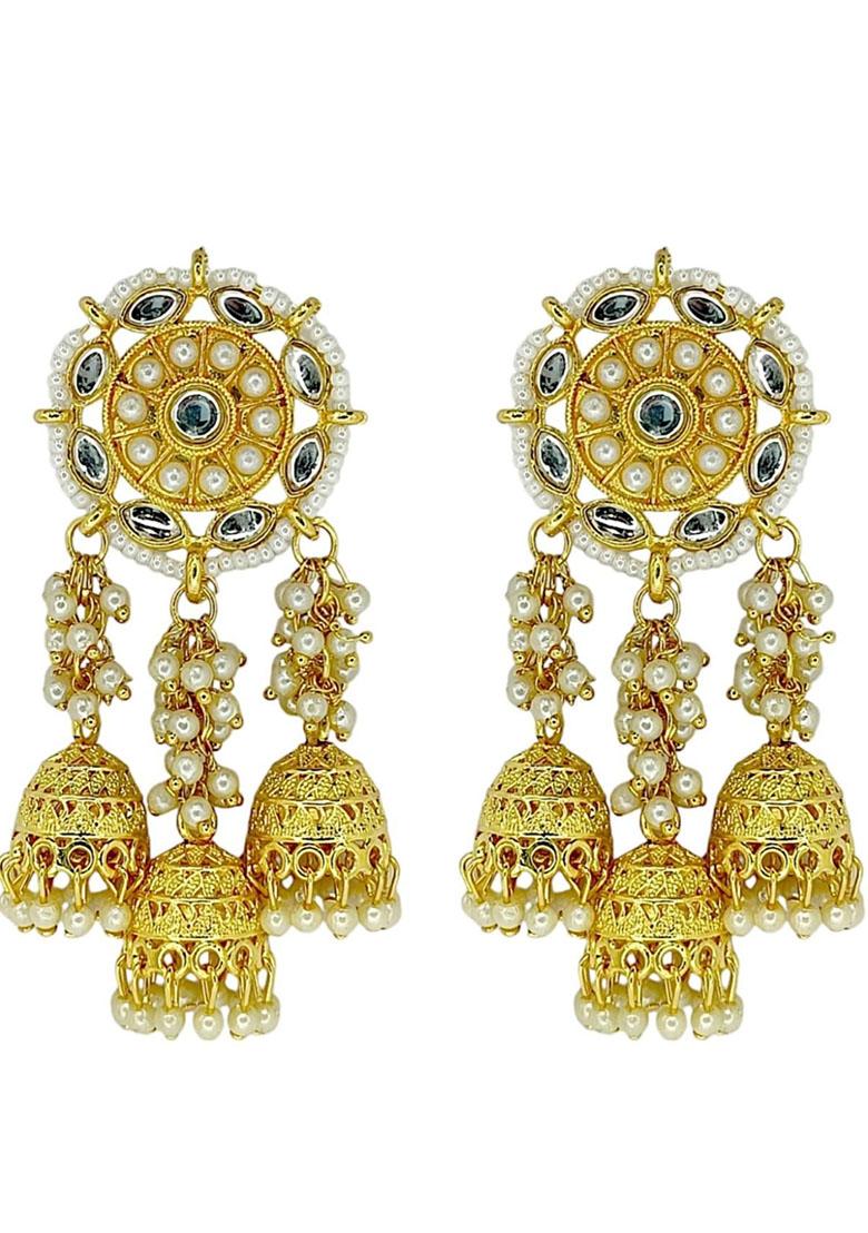 Gold Plated Floral Kundan Jhumka Drop Earrings - Indya
