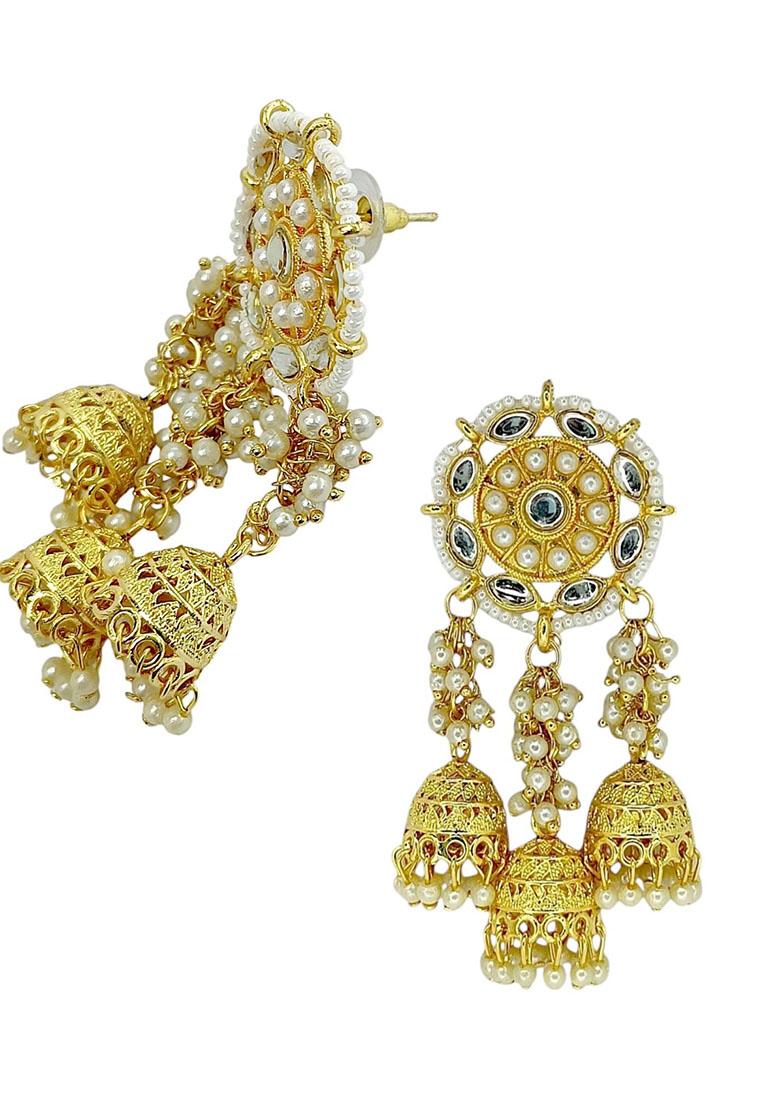 Gold Plated Floral Kundan Jhumka Drop Earrings - Indya