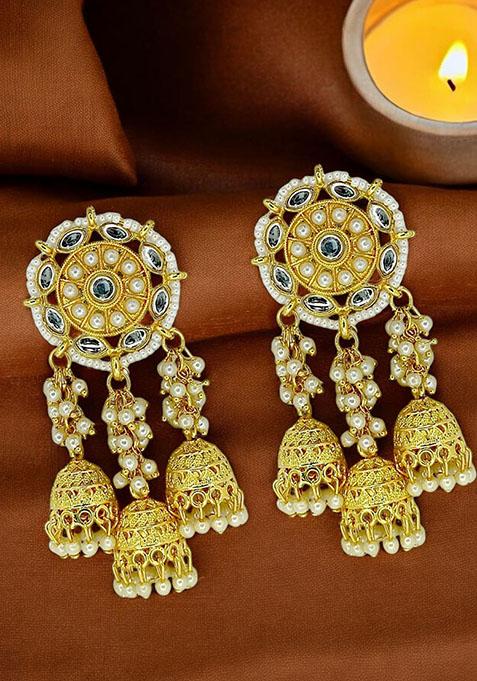 Gold Plated Floral Kundan Jhumka Drop Earrings