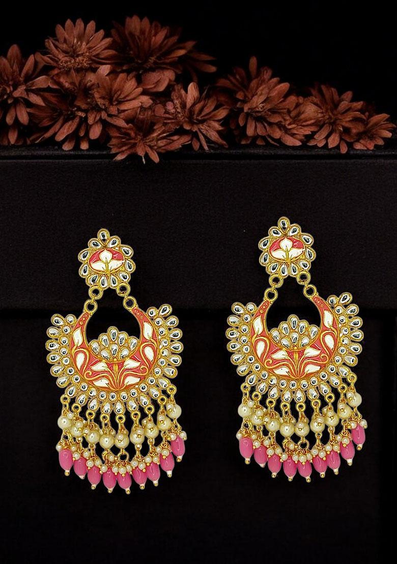 Gold Plated Kundan Meenakari Chandbali Earrings - Indya