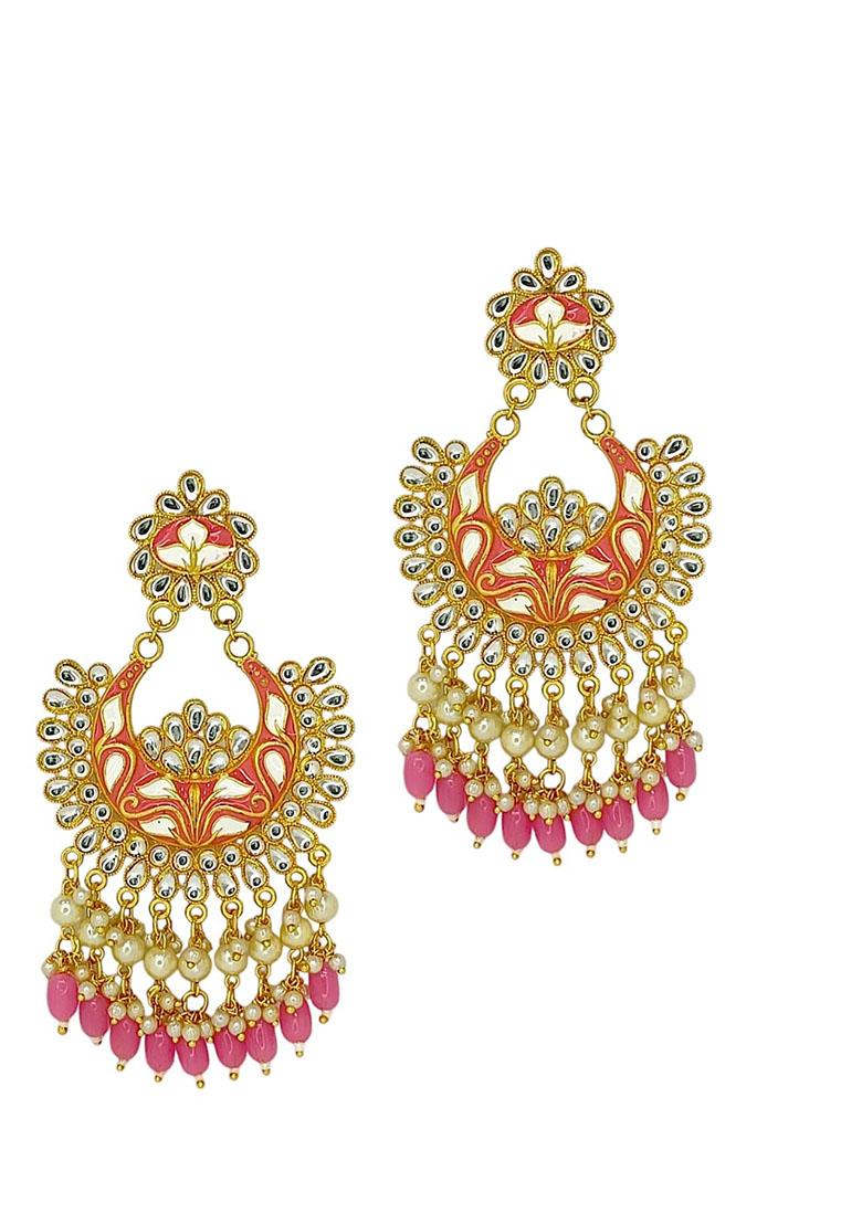 Gold Plated Kundan Meenakari Chandbali Earrings - Indya