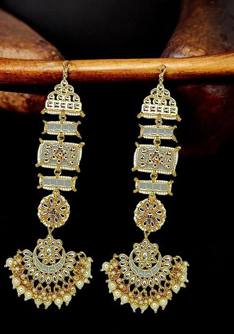 Gold Plated Kundan Bead Long Drop Earrings