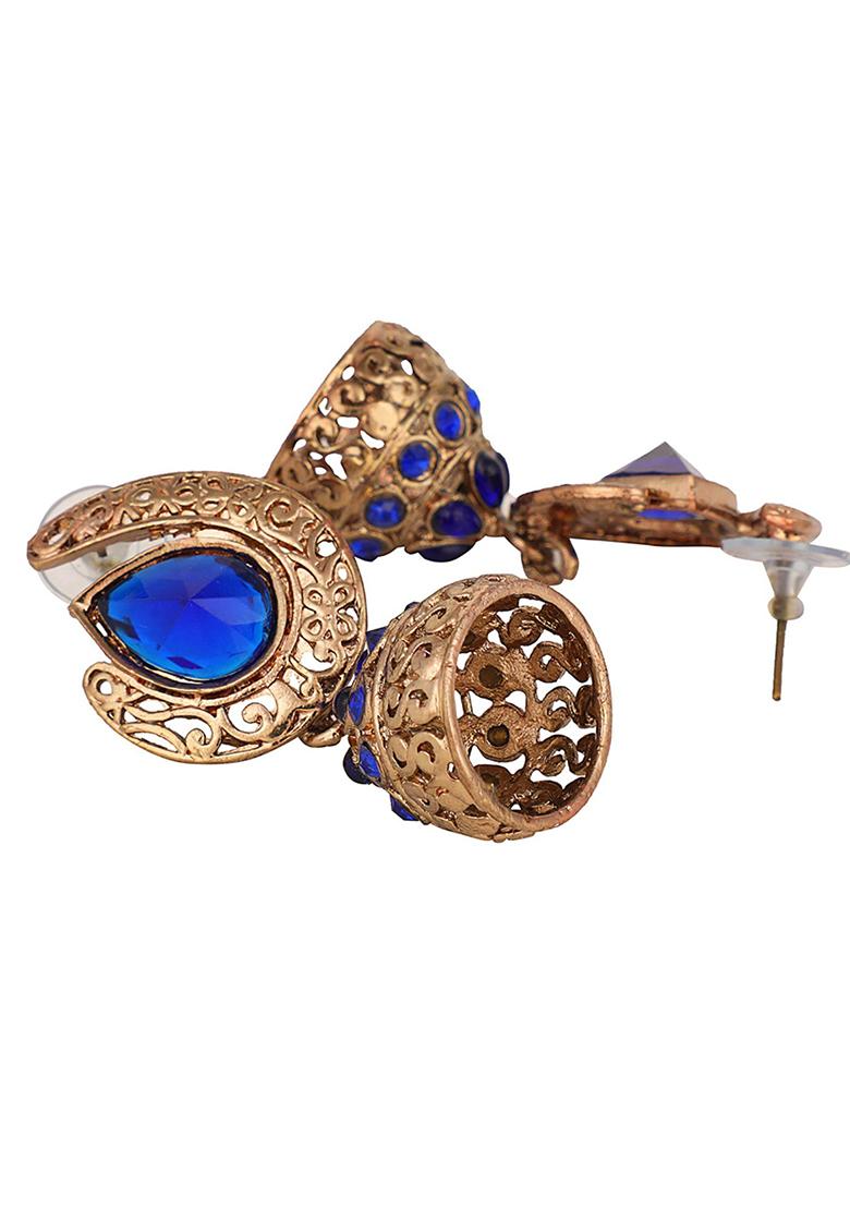 Blue Artificial Stone Jhumka Earrings - Indya