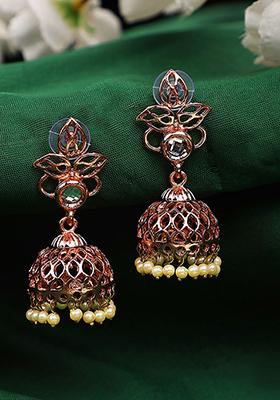 Rose Gold Plated Artificial Stone Bead Jhumka Earrings
