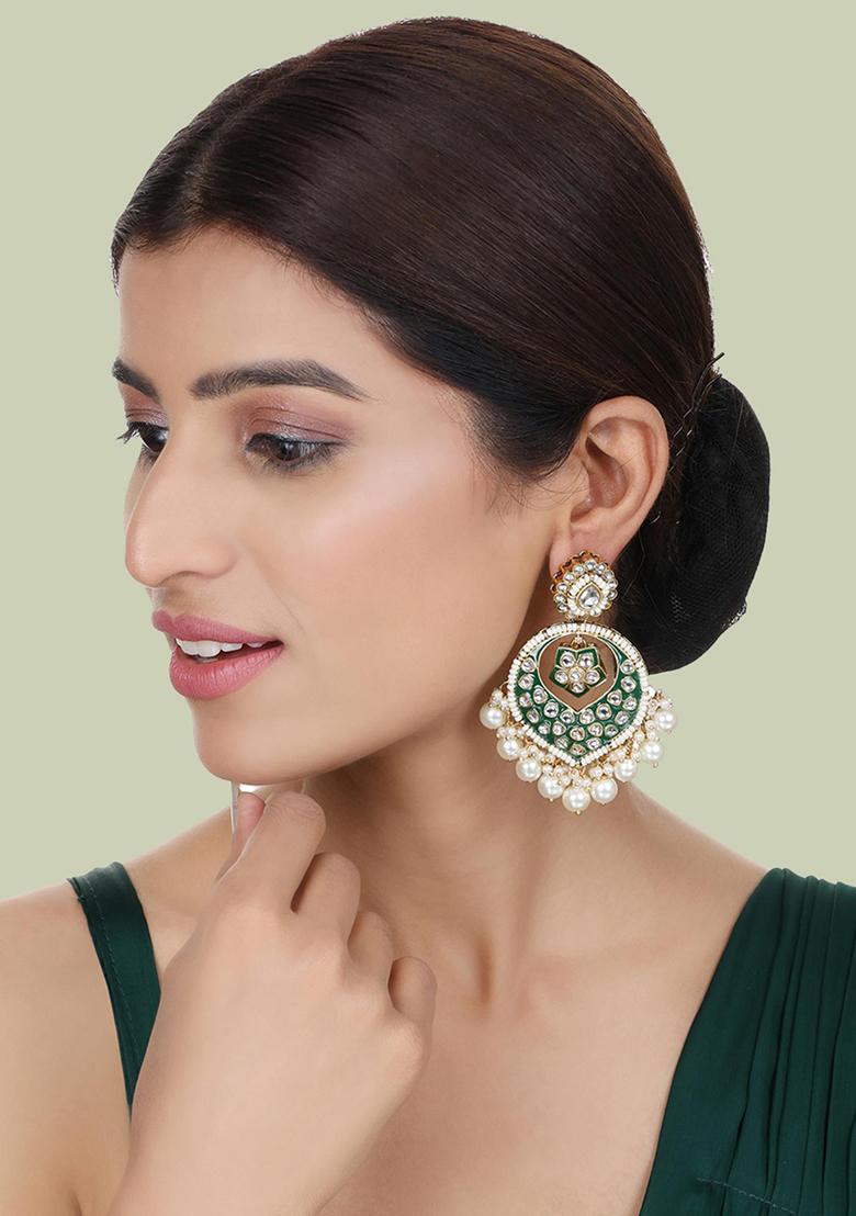 Green Kundan Drop Earrings - Indya