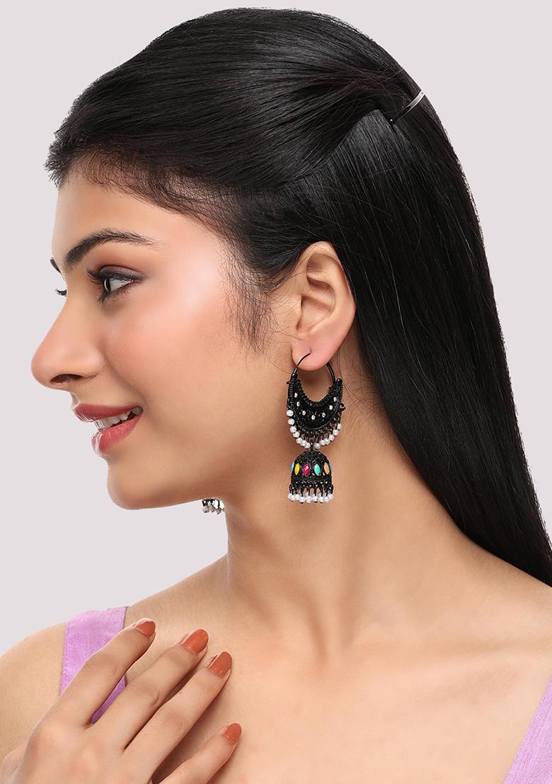 Black Bead Jhumka Earrings - Indya