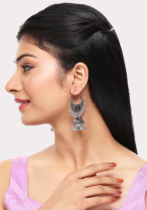 Silver Plated Artificial Stone Jhumka Earrings