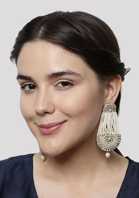 White Kundan Drop Earrings