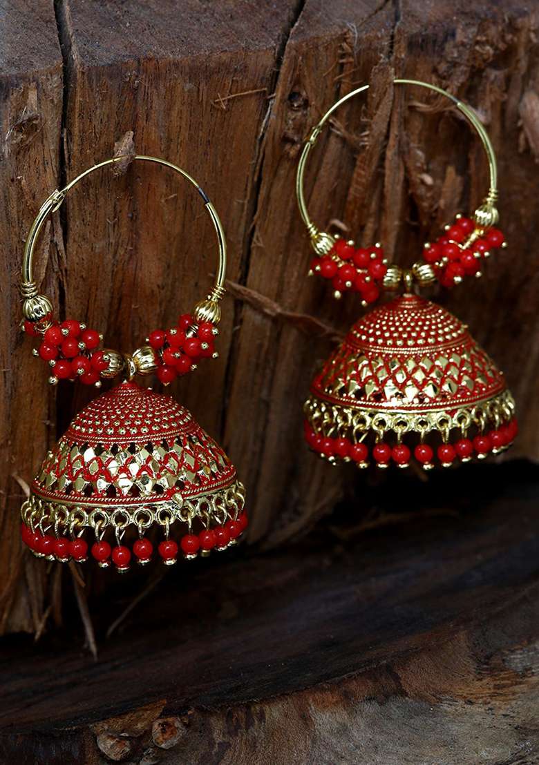 Red Bead Jhumka Earrings - Indya