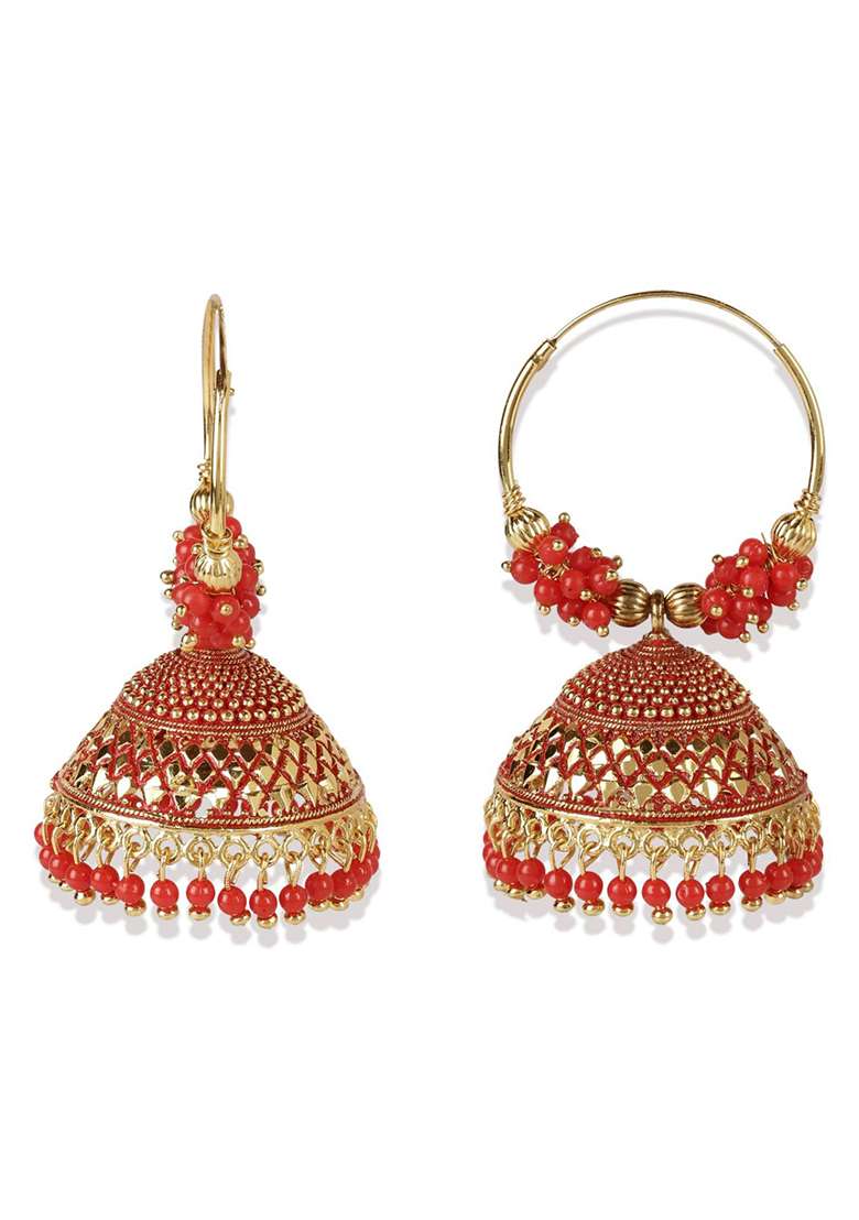 Red Bead Jhumka Earrings - Indya