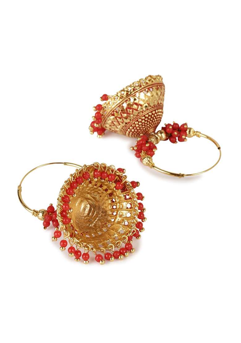 Red Bead Jhumka Earrings - Indya
