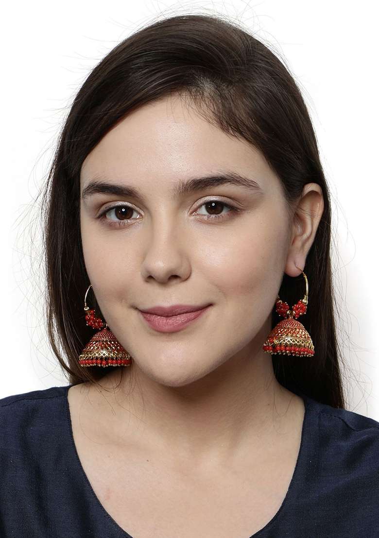 Red Bead Jhumka Earrings - Indya