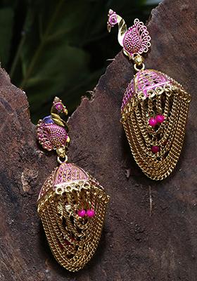 Pink Bead Jhumka Earrings
