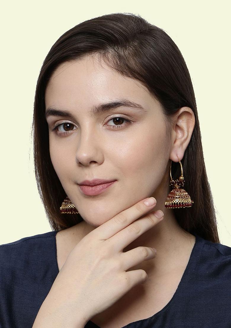 Maroon Bead Jhumka Earrings - Indya