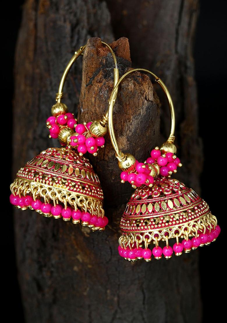 Pink Bead Jhumka Earrings