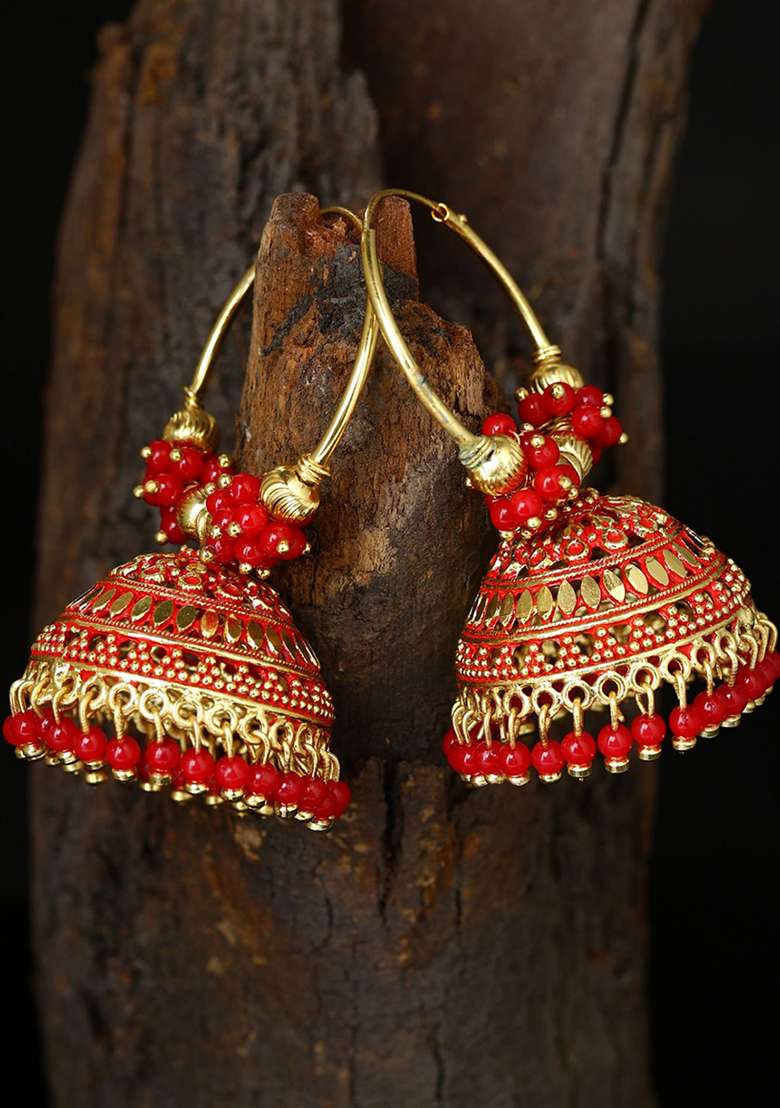 Red Bead Jhumka Earrings - Indya