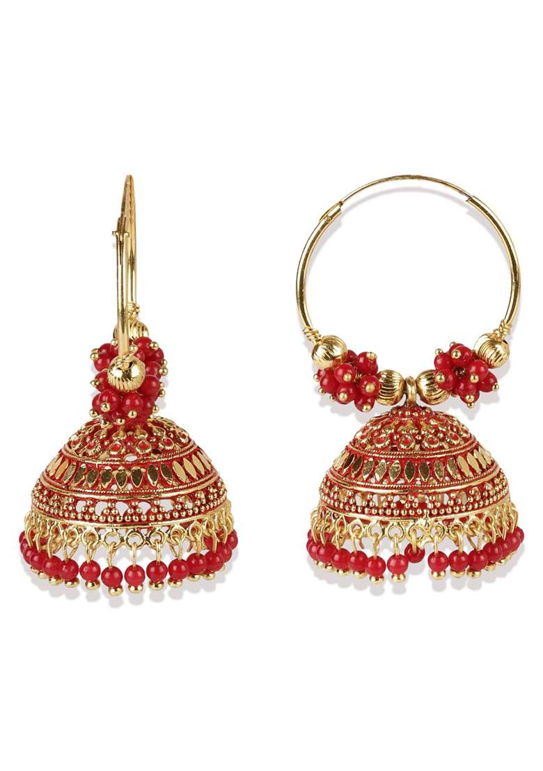 Red Bead Jhumka Earrings - Indya