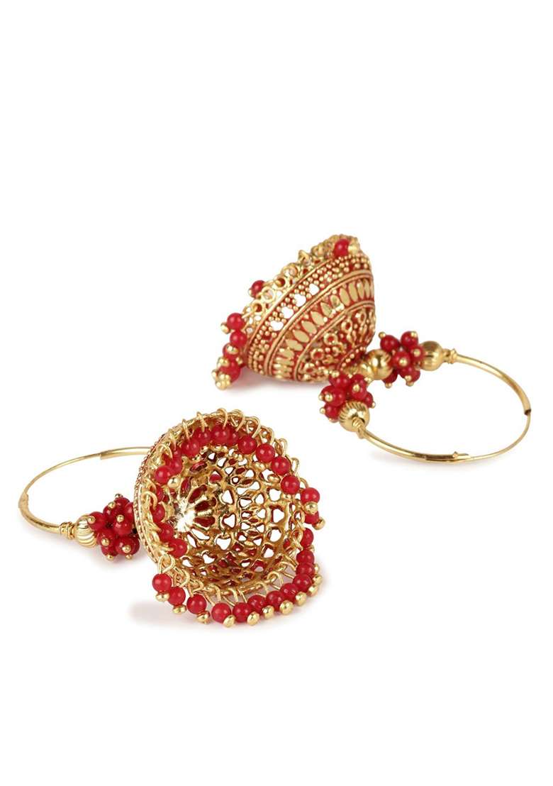 Red Bead Jhumka Earrings - Indya