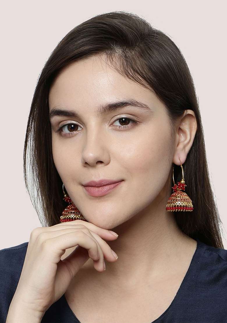 Red Bead Jhumka Earrings - Indya