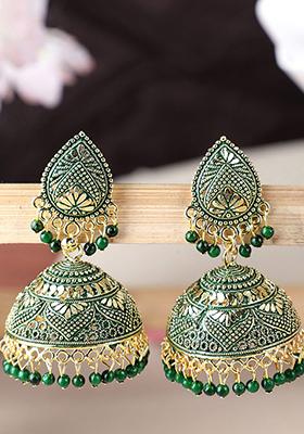 Green Bead Jhumka Earrings