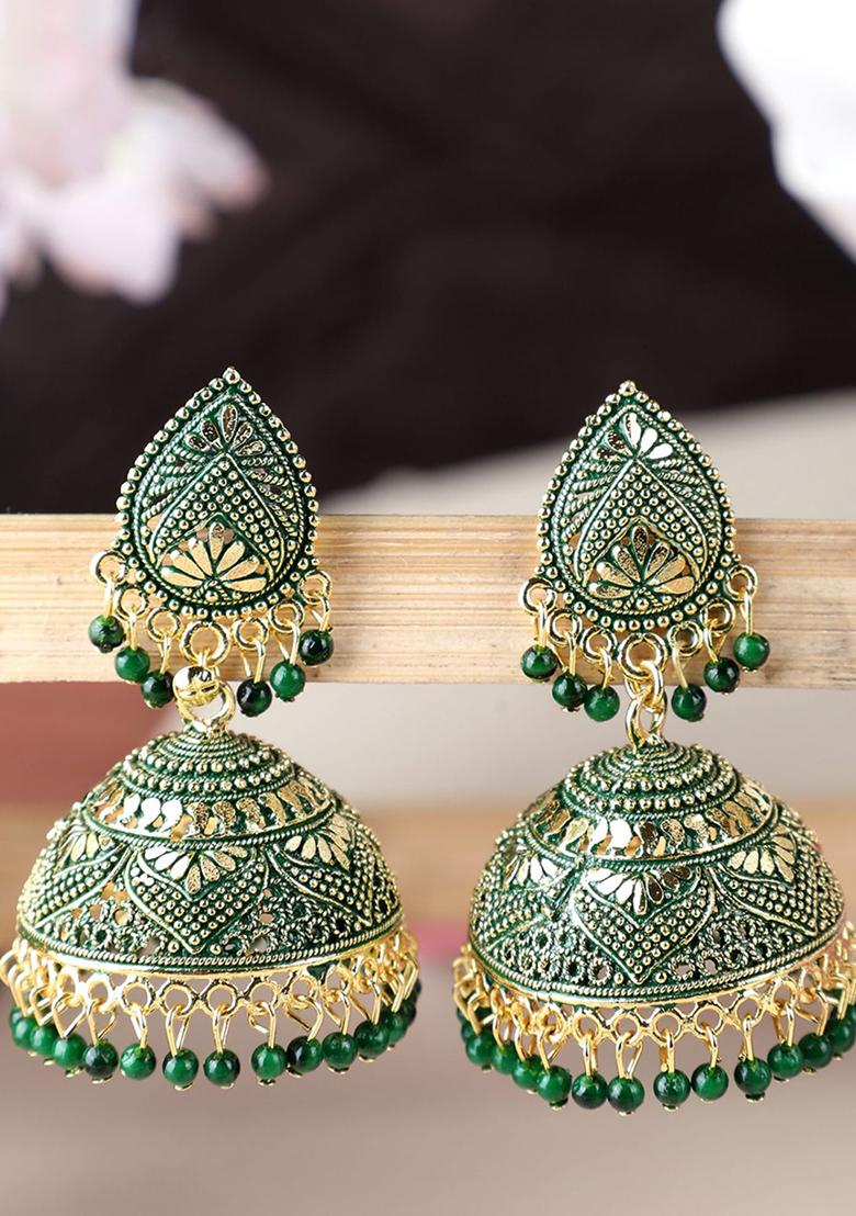 Green Bead Jhumka Earrings