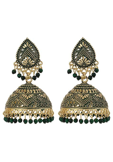 Green Bead Jhumka Earrings