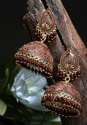 Maroon Bead Jhumka Earrings
