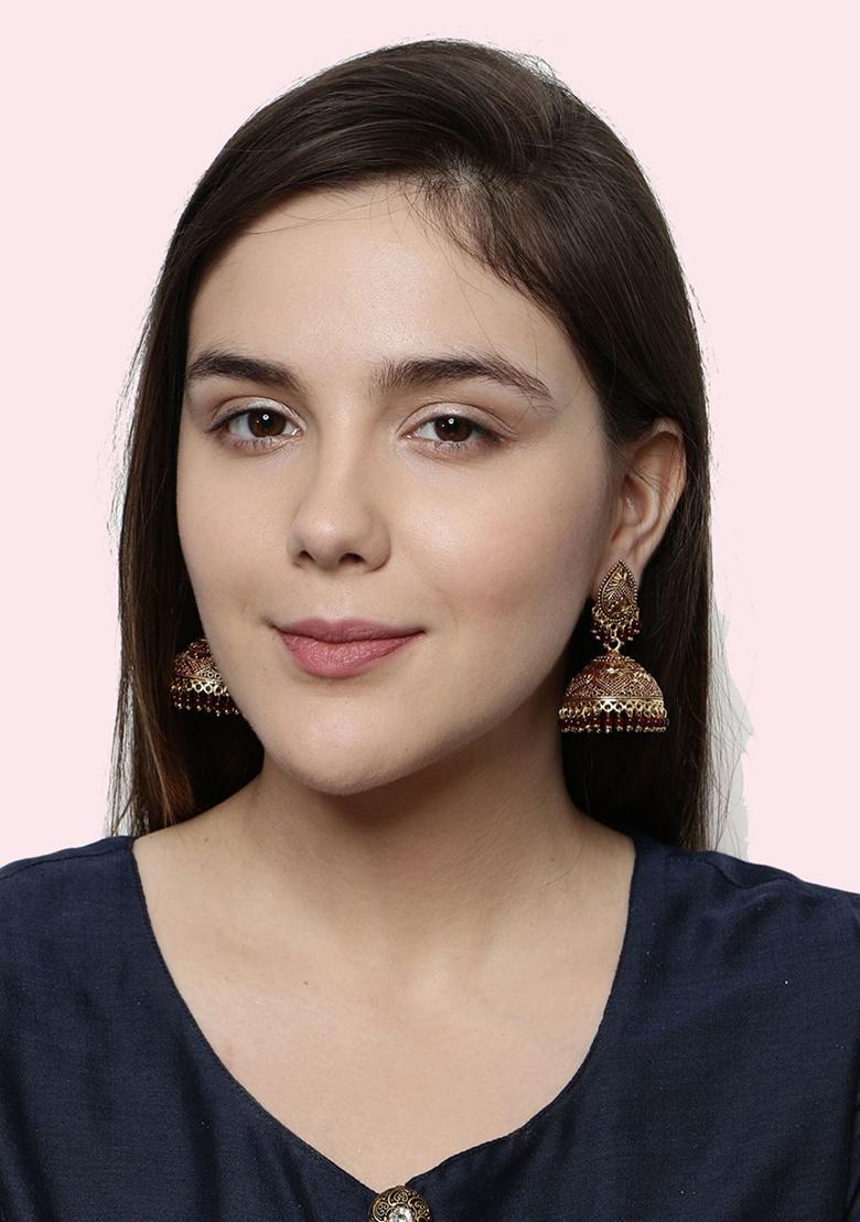 Maroon Bead Jhumka Earrings - Indya