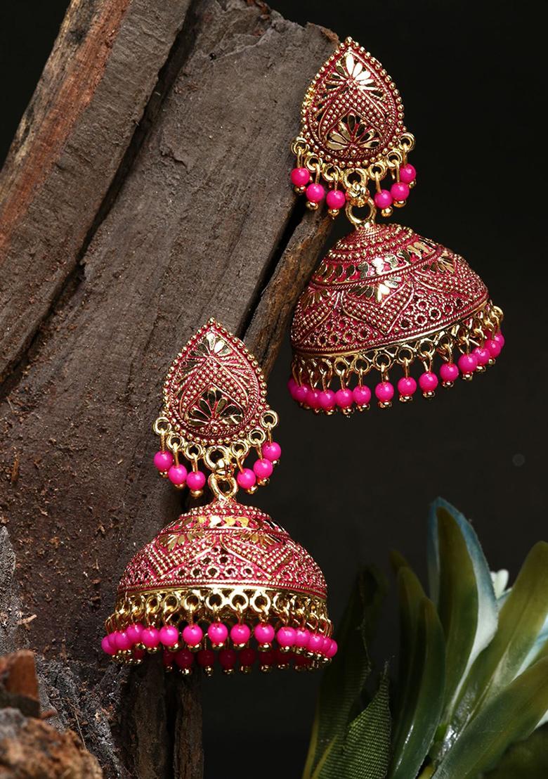 Pink Bead Jhumka Earrings