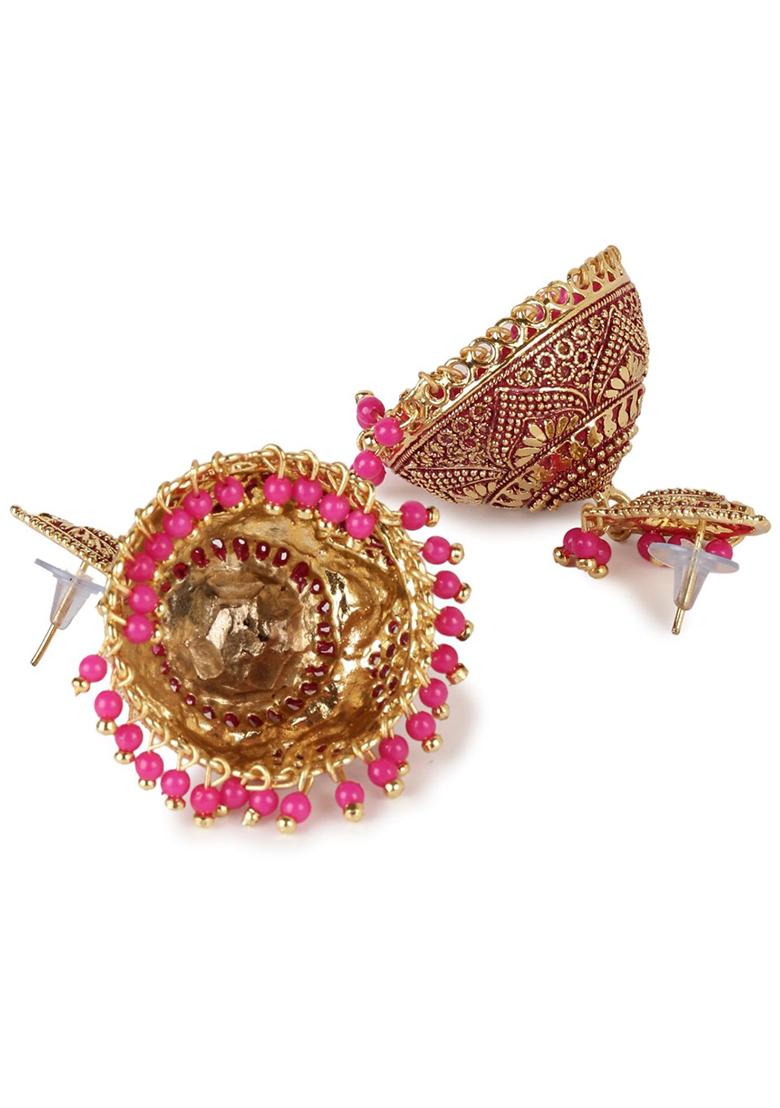Pink Bead Jhumka Earrings