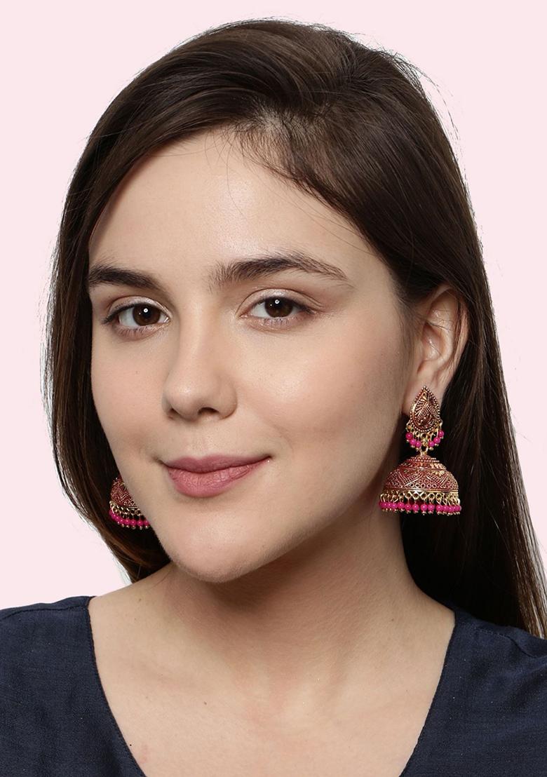 Pink Bead Jhumka Earrings