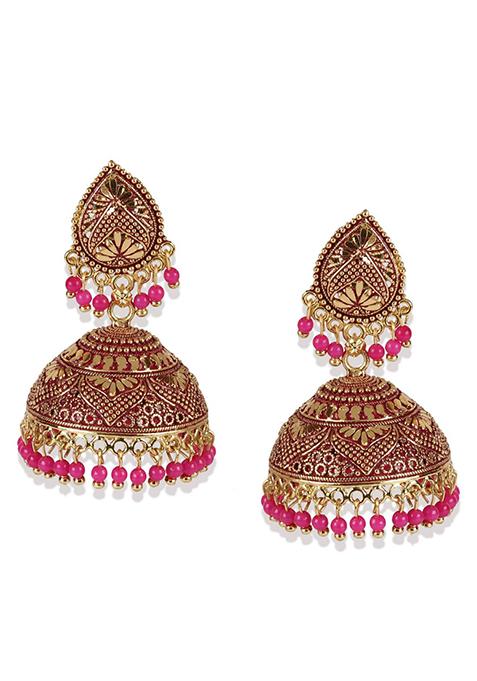 Pink Bead Jhumka Earrings