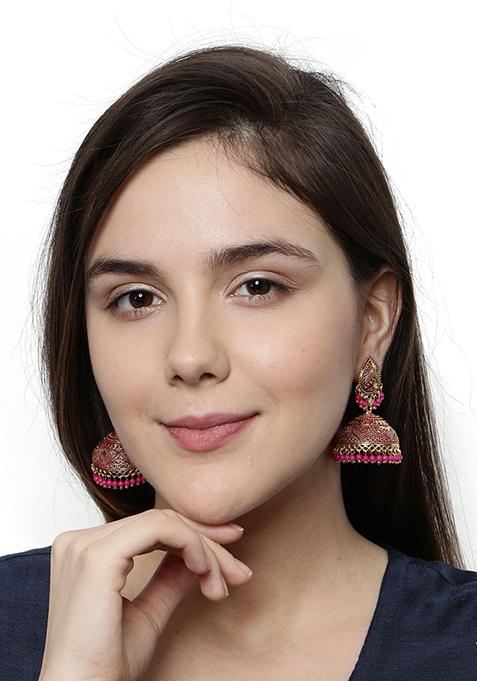 Pink Bead Jhumka Earrings