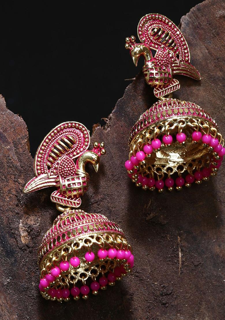 Pink Bead Jhumka Earrings