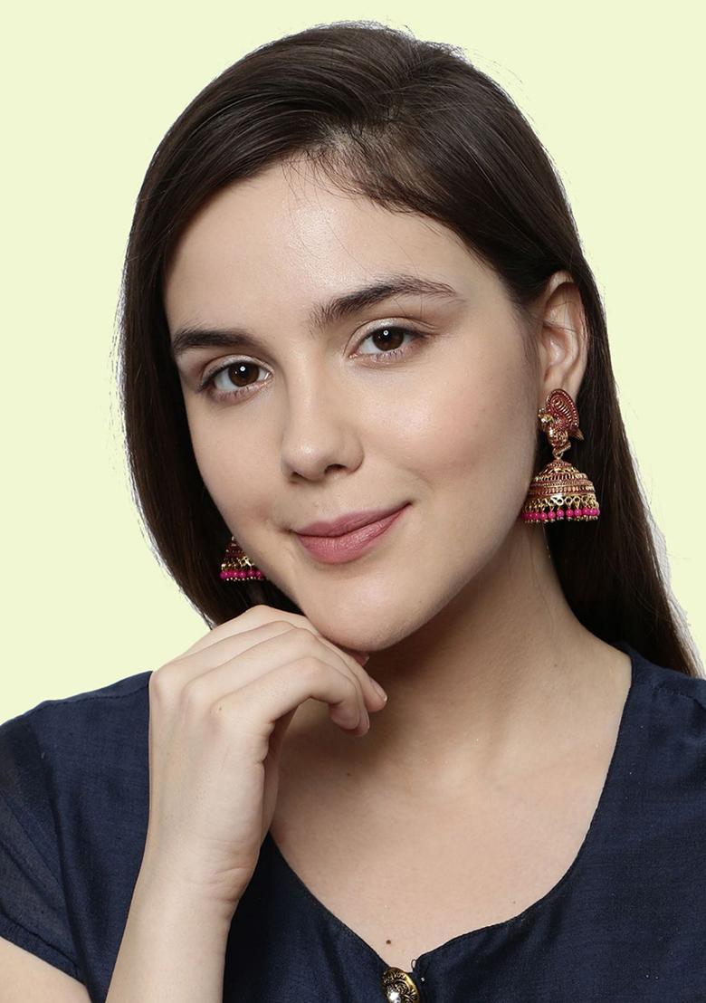 Pink Bead Jhumka Earrings