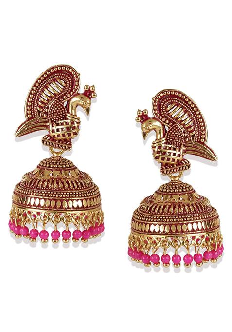 Pink Bead Jhumka Earrings