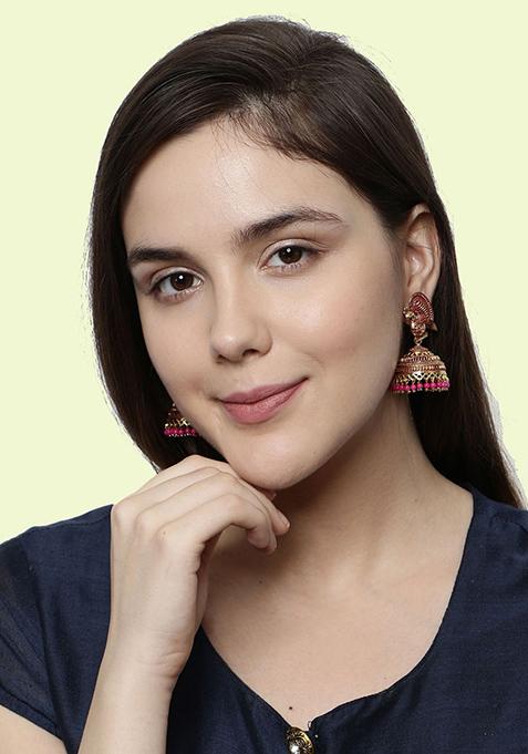 Pink Bead Jhumka Earrings